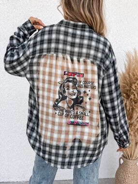 Lane Bryant Women Plaid Button Down 26/28 (size 4x) Custom Graphic Coffee Shirt